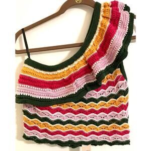 BCBGeneration One Shoulder Zigzag Crochet Crop Top Sz Medium in Multi Stripe NWT